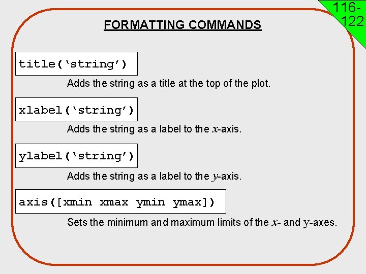 FORMATTING COMMANDS 116122 title(‘string’) Adds the string as a title at the top of