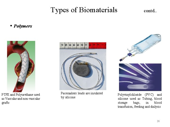 Types of Biomaterials contd. . • Polymers PTFE and Polyurethane used as Vascular and