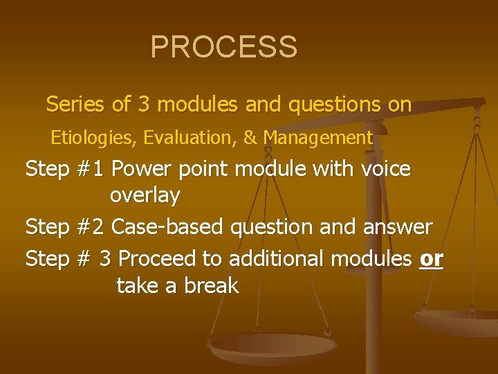 PROCESS Series of 3 modules and questions on Etiologies, Evaluation, & Management Step #1