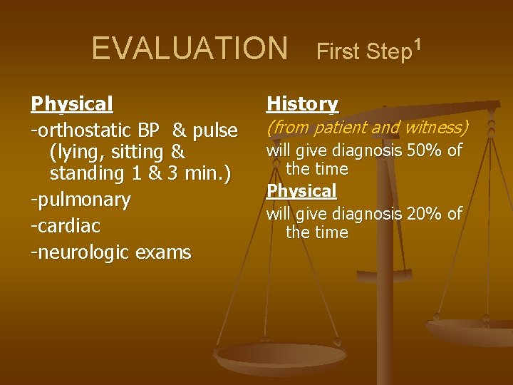 EVALUATION Physical -orthostatic BP & pulse (lying, sitting & standing 1 & 3 min.