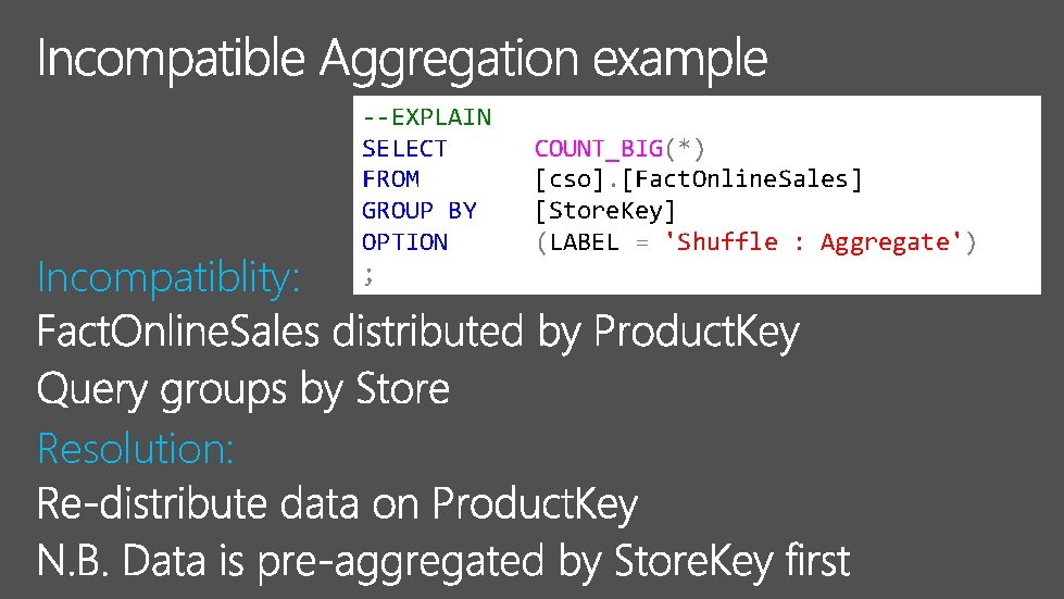 Incompatiblity: Resolution: --EXPLAIN SELECT FROM GROUP BY OPTION ; COUNT_BIG(*) [cso]. [Fact. Online. Sales]