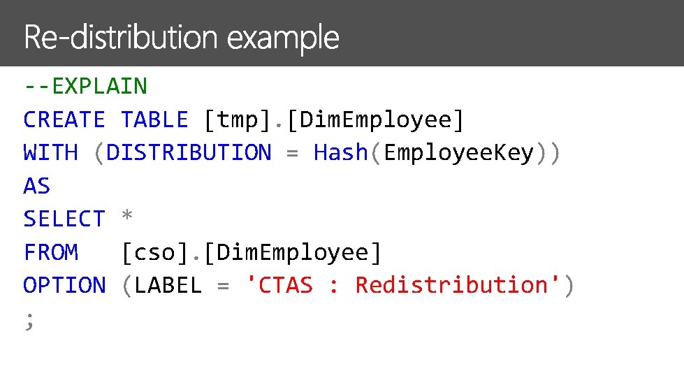 --EXPLAIN CREATE TABLE [tmp]. [Dim. Employee] WITH (DISTRIBUTION = Hash(Employee. Key)) AS SELECT *