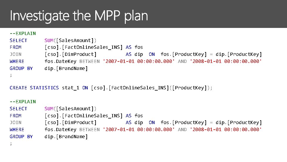 --EXPLAIN SELECT FROM JOIN WHERE GROUP BY SUM([Sales. Amount]) [cso]. [Fact. Online. Sales_INS] AS