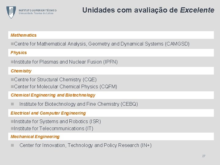 INSTITUTO SUPERIOR TÉCNICO Universidade Técnica de Lisboa Unidades com avaliação de Excelente Mathematics n.