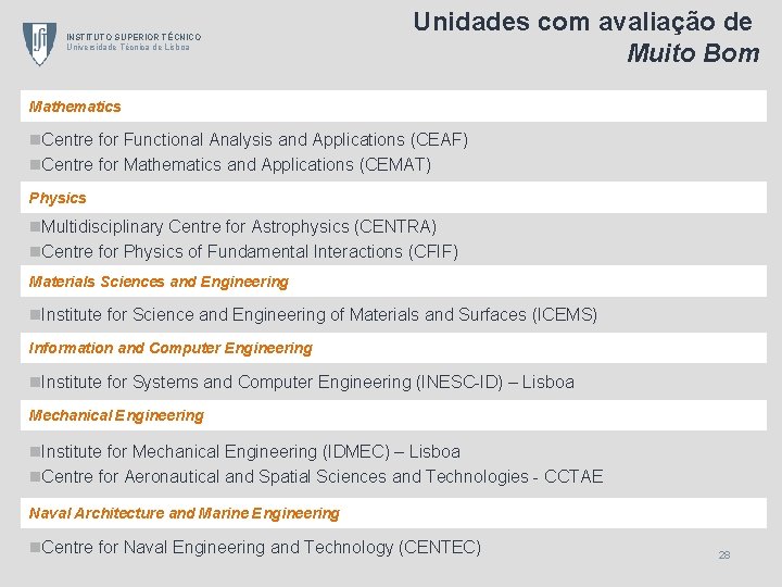 INSTITUTO SUPERIOR TÉCNICO Universidade Técnica de Lisboa Unidades com avaliação de Muito Bom Mathematics
