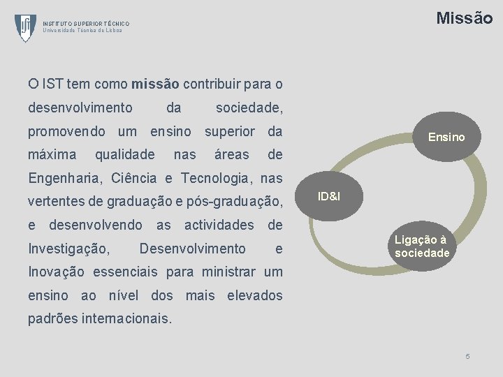 Missão INSTITUTO SUPERIOR TÉCNICO Universidade Técnica de Lisboa O IST tem como missão contribuir