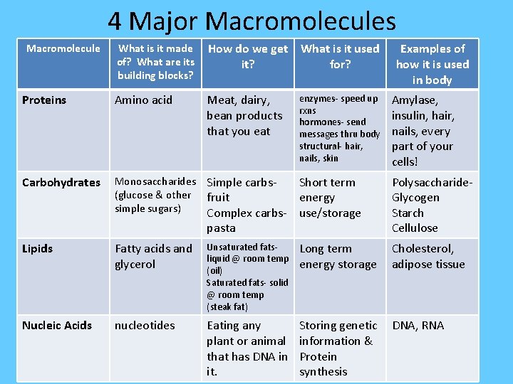 4 Major Macromolecules Macromolecule What is it made How do we get What is