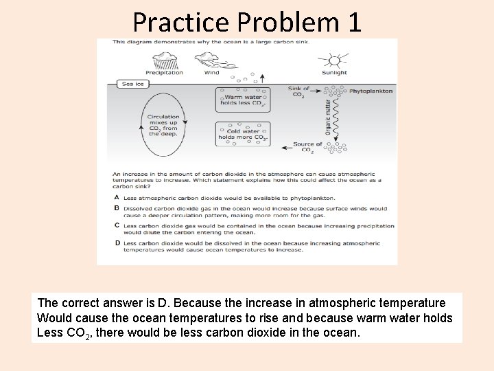Practice Problem 1 The correct answer is D. Because the increase in atmospheric temperature