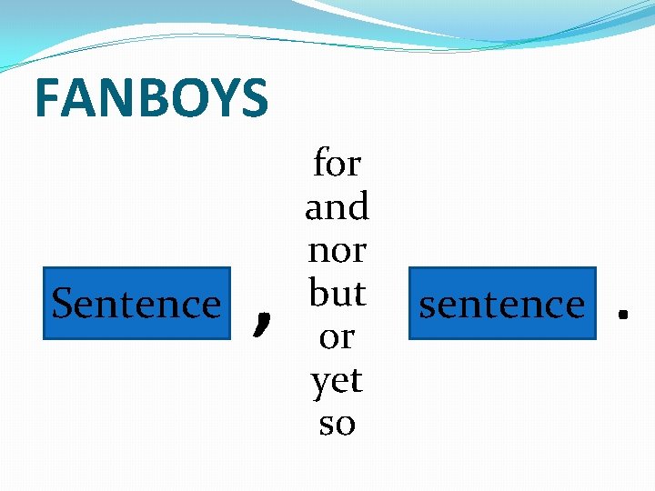 FANBOYS Sentence , for and nor but or yet so sentence . 