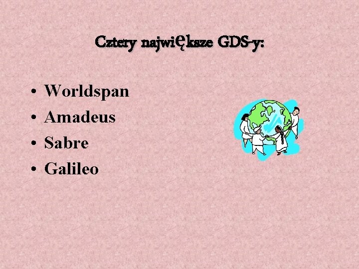 Cztery największe GDS-y: • • Worldspan Amadeus Sabre Galileo 