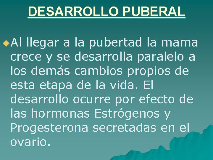 DESARROLLO PUBERAL u. Al llegar a la pubertad la mama crece y se desarrolla