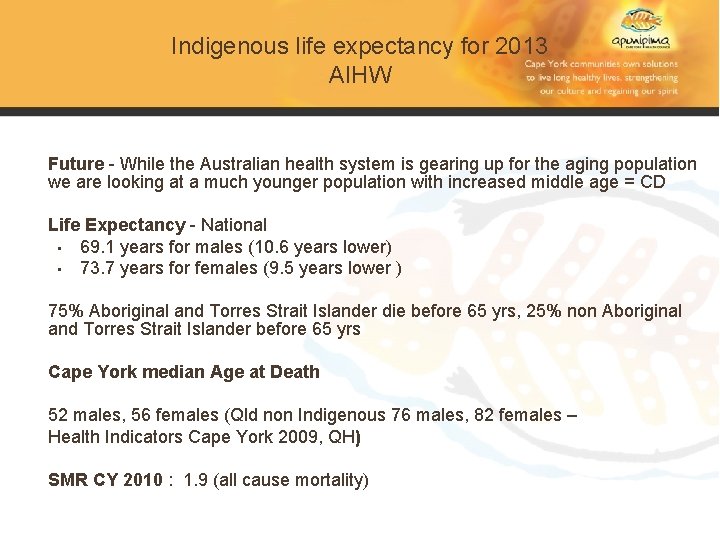 Indigenous life expectancy for 2013 AIHW Future - While the Australian health system is