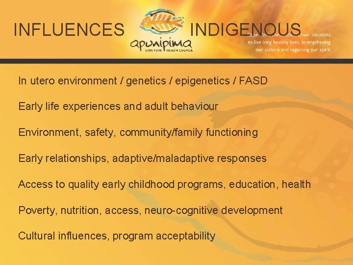 INFLUENCES INDIGENOUS In utero environment / genetics / epigenetics / FASD Early life experiences