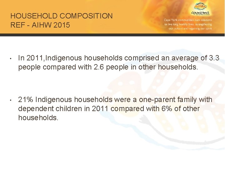 HOUSEHOLD COMPOSITION REF - AIHW 2015 • In 2011, Indigenous households comprised an average