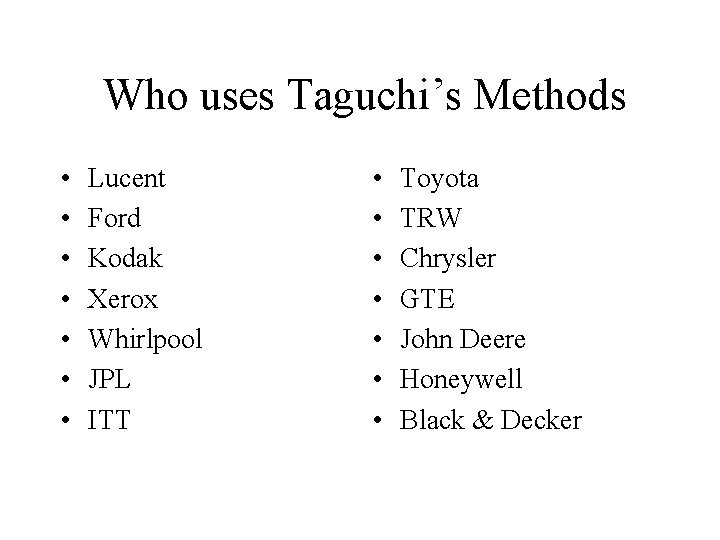 Who uses Taguchi’s Methods • • Lucent Ford Kodak Xerox Whirlpool JPL ITT •