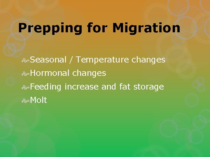 Prepping for Migration Seasonal / Temperature changes Hormonal changes Feeding increase and fat storage