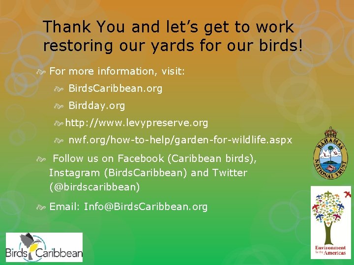 Thank You and let’s get to work restoring our yards for our birds! For