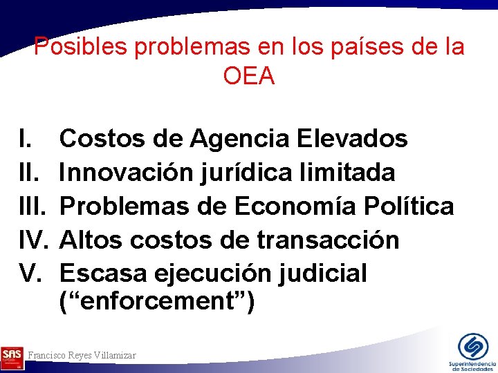 Posibles problemas en los países de la OEA I. III. IV. V. Costos de Posibles problemas en los países de la OEA I. III. IV. V. Costos de
