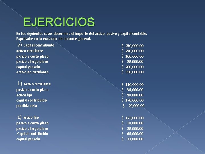 EJERCICIOS En los siguientes casos determina el importe del activo, pasivo y capital contable.