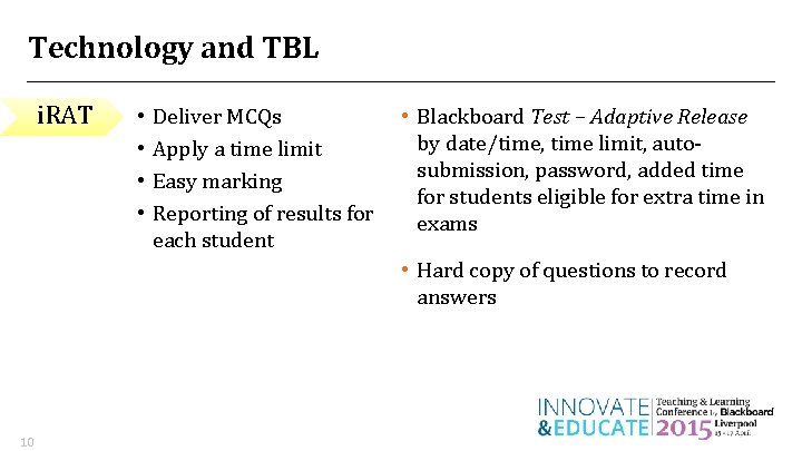 Technology and TBL i. RAT • • Deliver MCQs Apply a time limit Easy Technology and TBL i. RAT • • Deliver MCQs Apply a time limit Easy