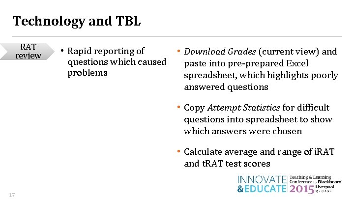 Technology and TBL RAT review • Rapid reporting of questions which caused problems • Technology and TBL RAT review • Rapid reporting of questions which caused problems •