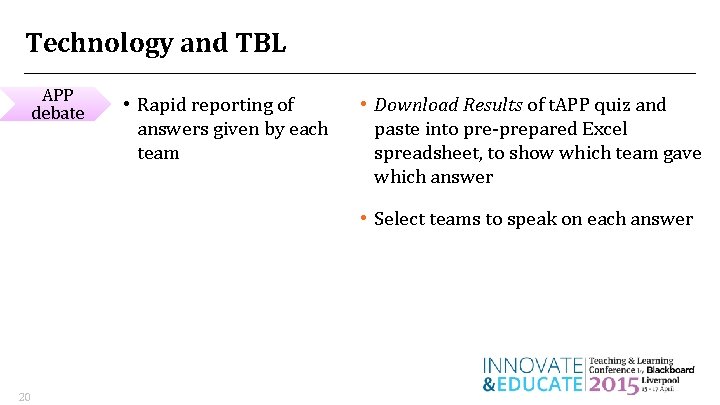 Technology and TBL APP debate • Rapid reporting of answers given by each team Technology and TBL APP debate • Rapid reporting of answers given by each team
