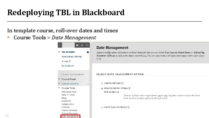 Redeploying TBL in Blackboard In template course, roll-over dates and times • Course Tools Redeploying TBL in Blackboard In template course, roll-over dates and times • Course Tools