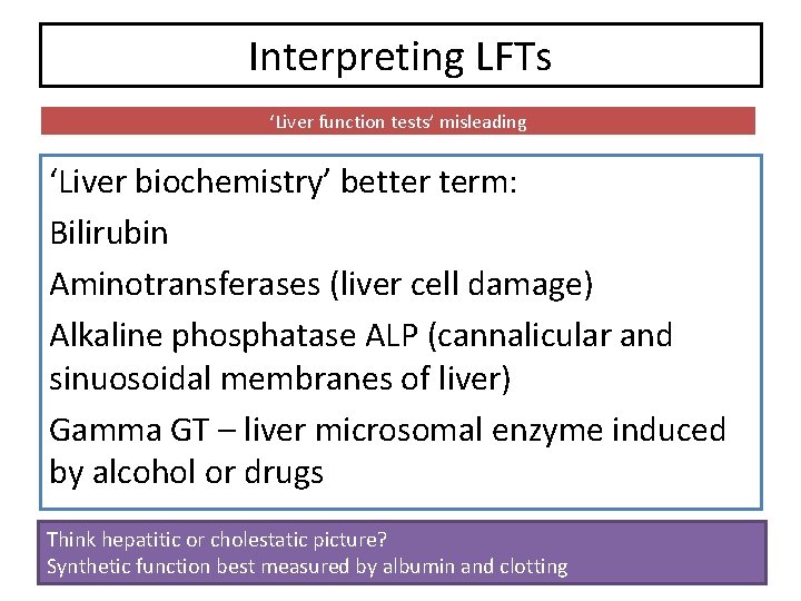 Interpreting LFTs ‘Liver function tests’ misleading ‘Liver biochemistry’ better term: Bilirubin Aminotransferases (liver cell