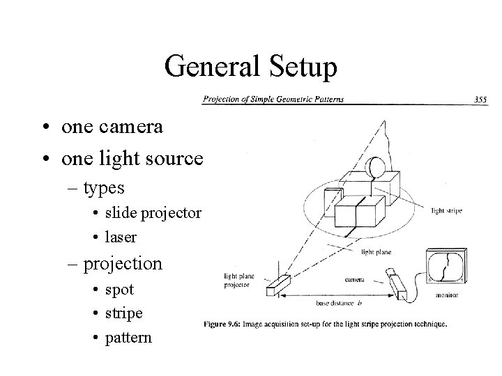 General Setup • one camera • one light source – types • slide projector