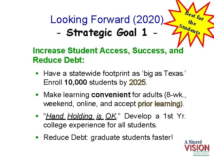 Looking Forward (2020) - Strategic Goal 1 - Bes t for the Stud ents
