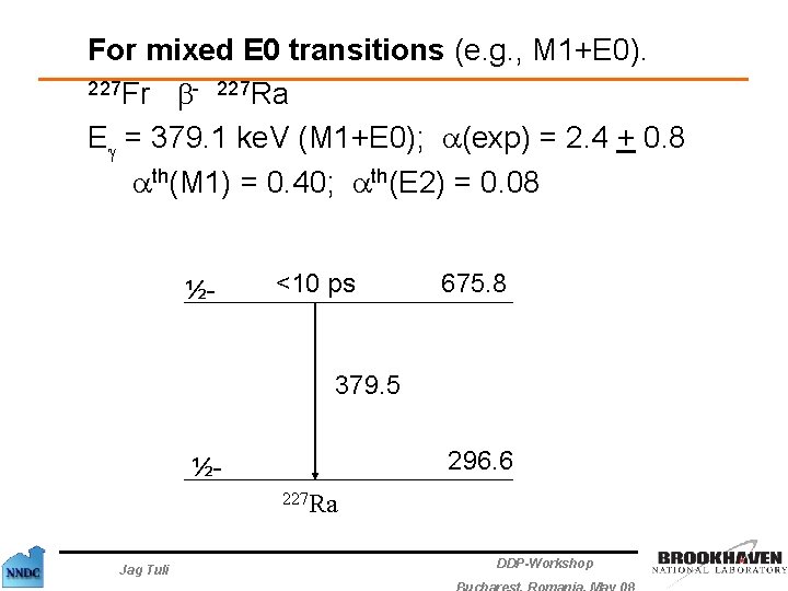  For mixed E 0 transitions (e. g. , M 1+E 0). 227 Fr