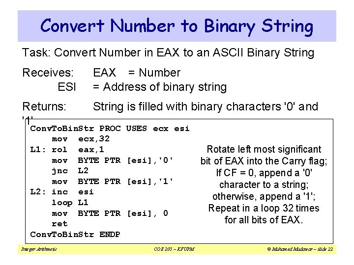 Convert Number to Binary String Task: Convert Number in EAX to an ASCII Binary