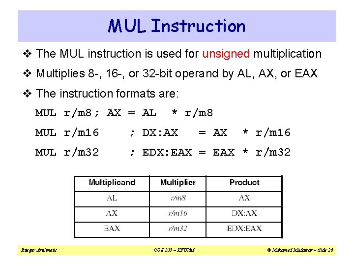 MUL Instruction v The MUL instruction is used for unsigned multiplication v Multiplies 8