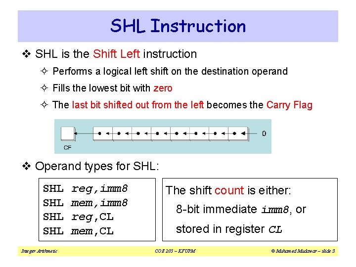 SHL Instruction v SHL is the Shift Left instruction ² Performs a logical left