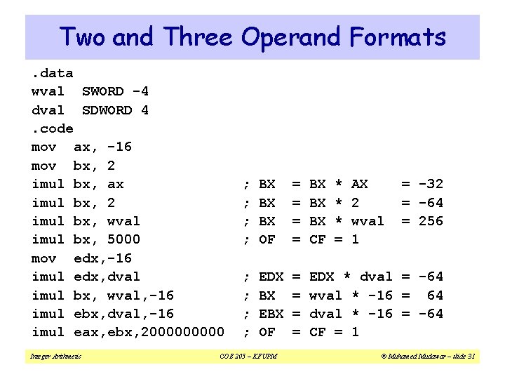 Two and Three Operand Formats. data wval SWORD -4 dval SDWORD 4. code mov