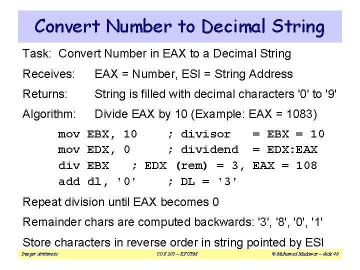 Convert Number to Decimal String Task: Convert Number in EAX to a Decimal String