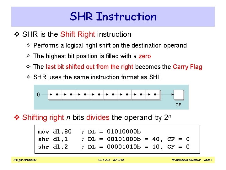 SHR Instruction v SHR is the Shift Right instruction ² Performs a logical right