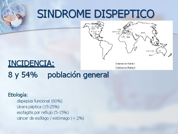 SINDROME DISPEPTICO INCIDENCIA: 8 y 54% población general Etiología: dispepsia funcional (60%) úlcera péptica