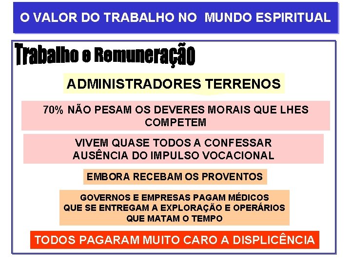 O VALOR DO TRABALHO NO MUNDO ESPIRITUAL ADMINISTRADORES TERRENOS 70% NÃO PESAM OS DEVERES