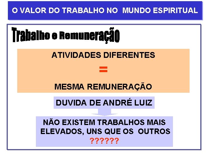 O VALOR DO TRABALHO NO MUNDO ESPIRITUAL ATIVIDADES DIFERENTES = MESMA REMUNERAÇÃO DUVIDA DE