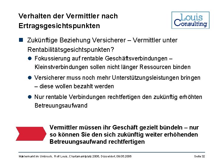 Verhalten der Vermittler nach Ertragsgesichtspunkten n Zukünftige Beziehung Versicherer – Vermittler unter Rentabilitätsgesichtspunkten? l