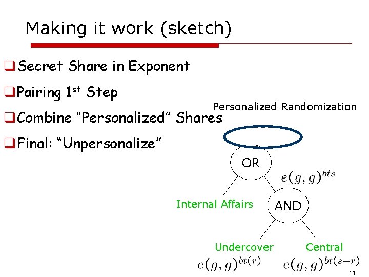 Making it work (sketch) q. Secret Share in Exponent q. Pairing 1 st Step