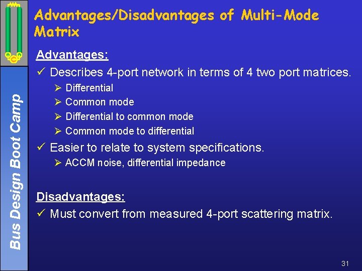 Advantages/Disadvantages of Multi-Mode Matrix Bus Design Boot Camp Advantages: ü Describes 4 -port network