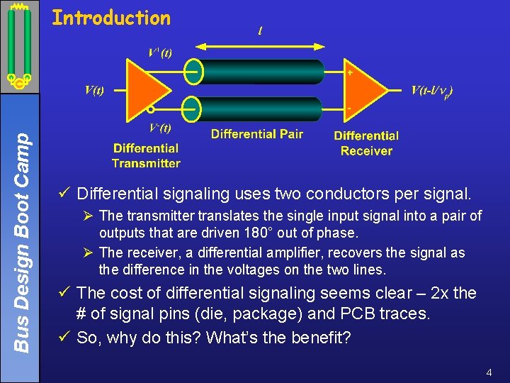 Bus Design Boot Camp Introduction ü Differential signaling uses two conductors per signal. Ø