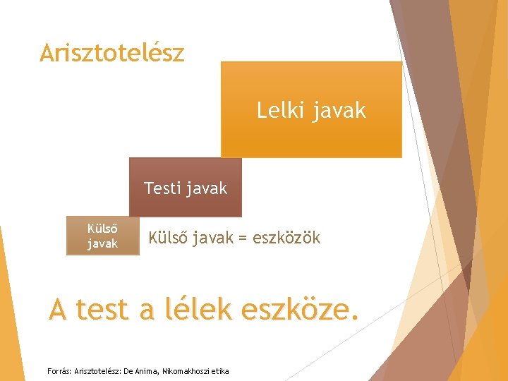 Arisztotelész Lelki javak Testi javak Külső javak = eszközök A test a lélek eszköze.