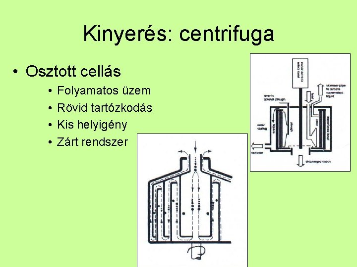 Kinyerés: centrifuga • Osztott cellás • • Folyamatos üzem Rövid tartózkodás Kis helyigény Zárt