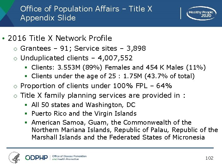 Office of Population Affairs – Title X Appendix Slide • 2016 Title X Network
