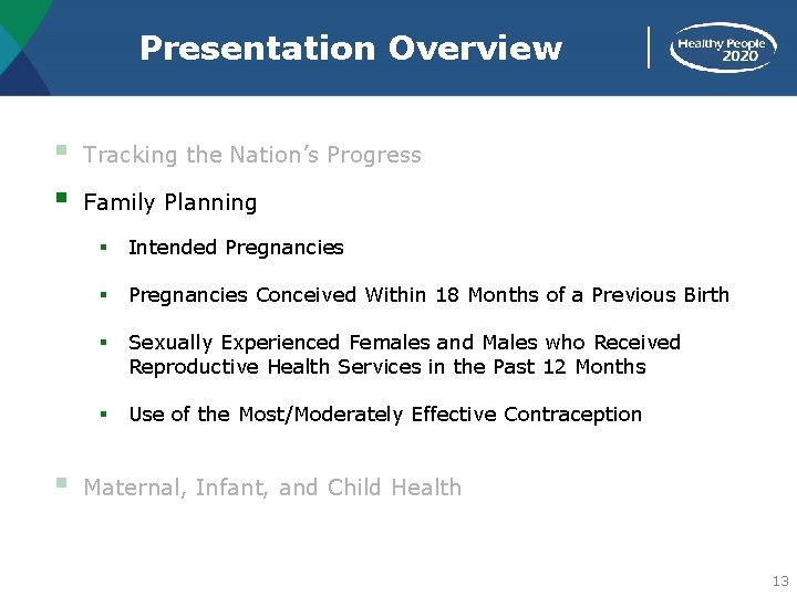 Presentation Overview § § § Tracking the Nation’s Progress Family Planning § Intended Pregnancies