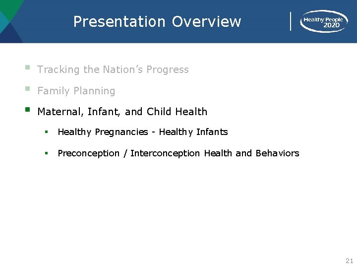 Presentation Overview § § § Tracking the Nation’s Progress Family Planning Maternal, Infant, and