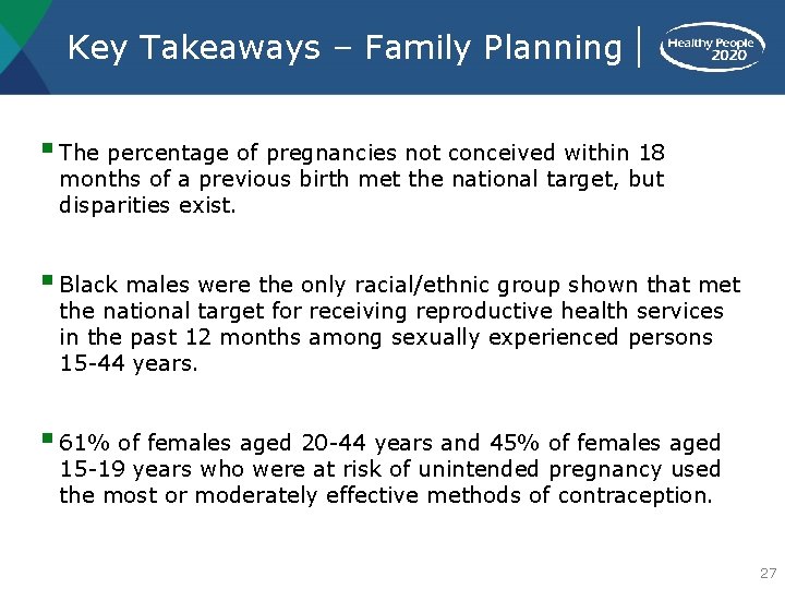 Key Takeaways – Family Planning § The percentage of pregnancies not conceived within 18